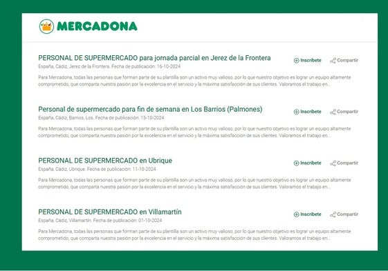 Ofertas de empleo en Mercadona en Cádiz