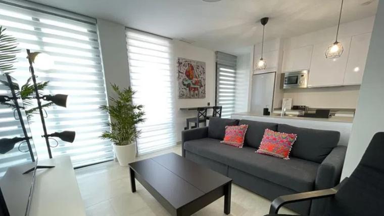 El salón de uno de los apartamentos con la cocina de concepto abierto