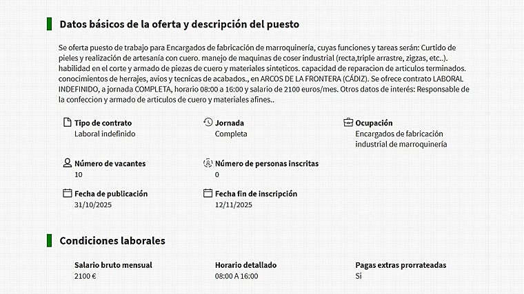 La oferta de empleo está publicada en la página del SAE