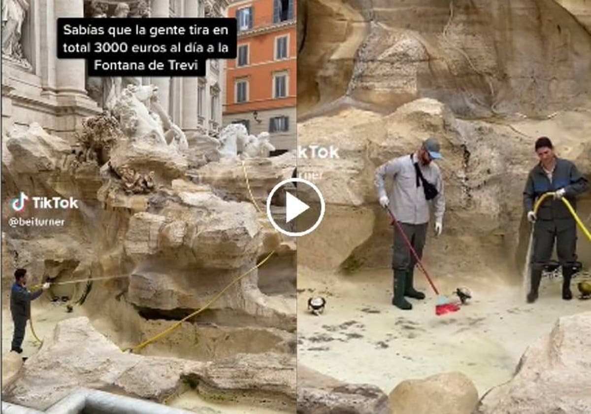Un momento del video en el que limpian la Fontana di Trevi y recogen el dinero.