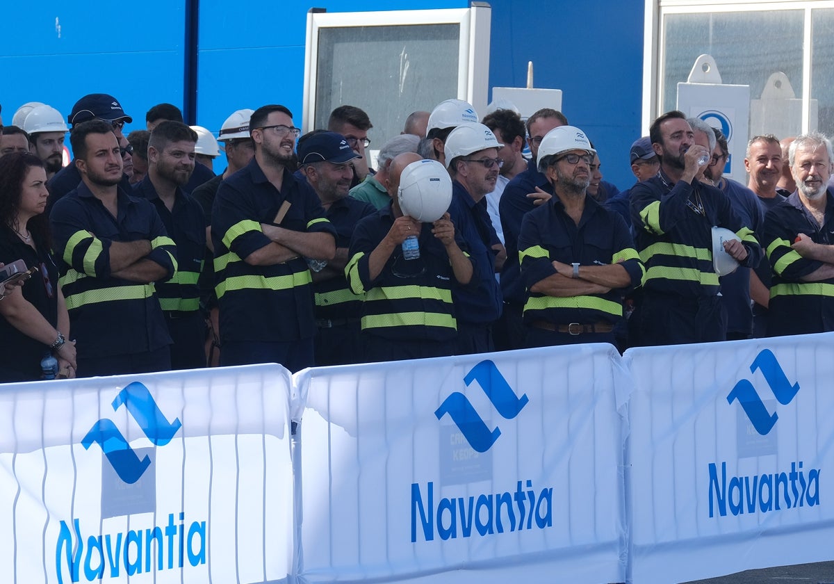 Trabajadores del astillero de San Fernando durante la entrega de la segunda corbeta saudí en julio de 2022