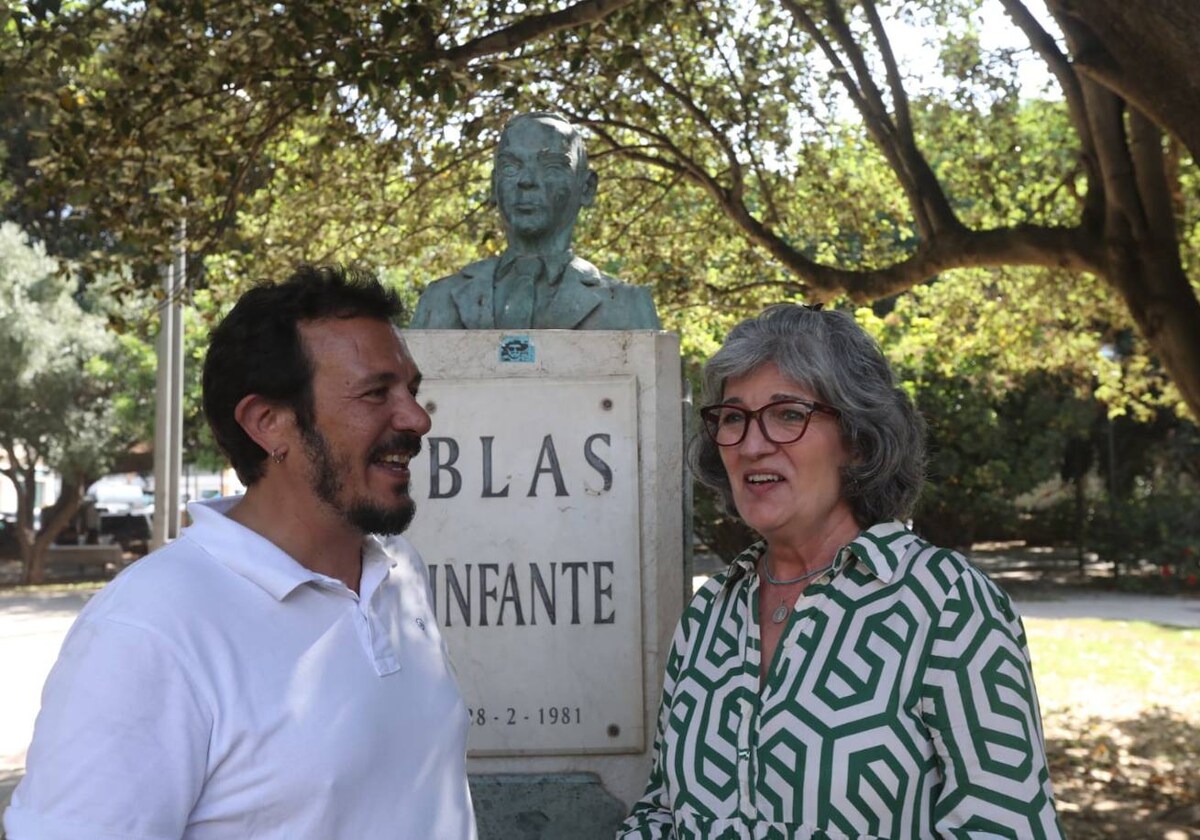 José María González 'Kichi' y Pilar González, junto a la escultura de Blas Infante en Cádiz.