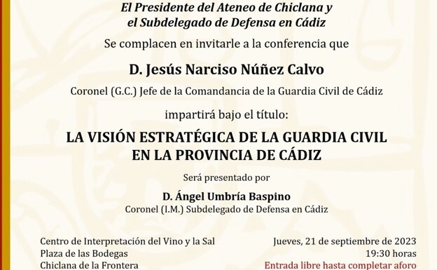 El coronel Jesús Núñez ofrece una conferencia sobre &#039;La visión estratégica de la Guardia Civil en la provincia de Cádiz&#039; en Chiclana