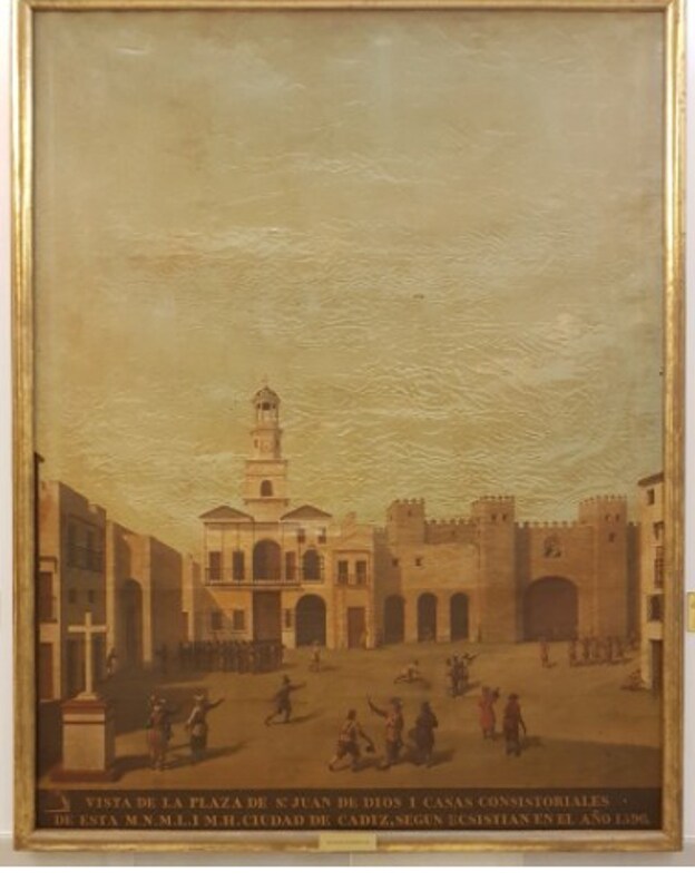 Imagen antes - Así ha quedado el cuadro &#039;Plaza de San Juan de Dios en 1596&#039; del Museo de las Cortes tras su restauración
