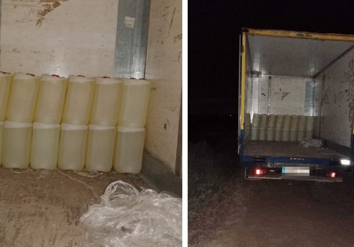 Garrafas de gasolina y camión, abandonado todo en la huida.