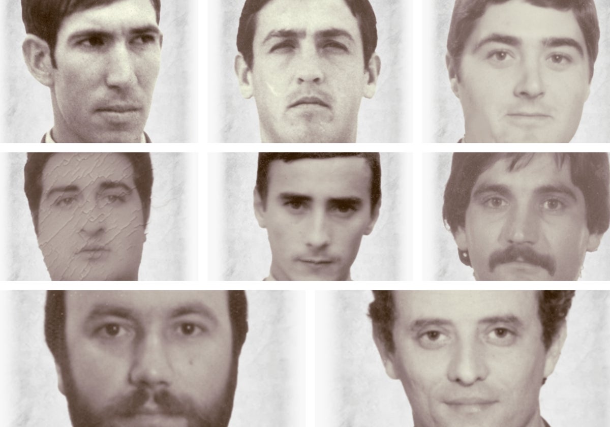 De arriba a abajo y de izquierda a derecha, Diego del Río, Joaquín Ramos, Juan Manuel Román, Ángel Postigo, Antonio Gómez, Antonio Ligero, Juan José Sucino y Juan Manuel Helices, policías nacionales asesinados por ETA y el GRAPO.