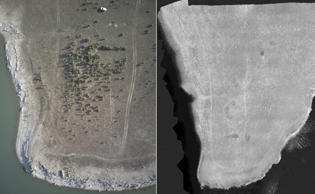 Fotografía del yacimiento de El Cañuelo e imagen con cámara multiespectral en la banda de infrarrojo cercano.