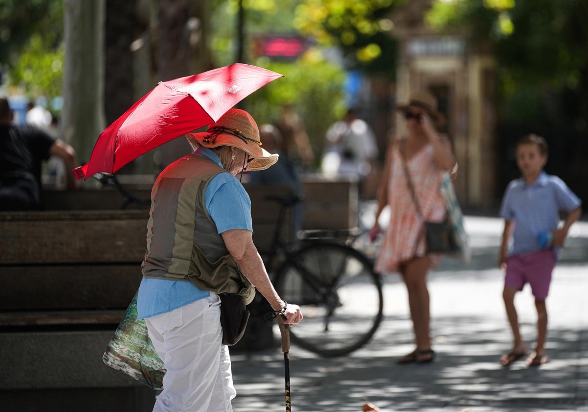 Imagen de archivo de una mujer con sombrero y sombrilla paseando por puerta de Jerez.