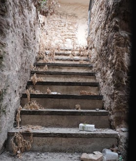 Imagen secundaria 2 - 1. Manto de excrementos de palomas que acumula días, a los pies del Arco de los Blanco, declarado BIC. 2. Rincón de la muralla medieval llena de orines y a escasos metros de un grupo de turistas que atienden las explicaciones de una guía sobre este conjunto monumental. 3. Así lucen las escaleras de las murallas con acceso desde el Arco de los Blanco.  