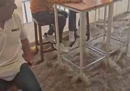 La terraza de un bar de un pueblo de Cádiz se inundó por la lluvia y esta fue la reacción de los clientes: «De aquí no me muevo, eh»