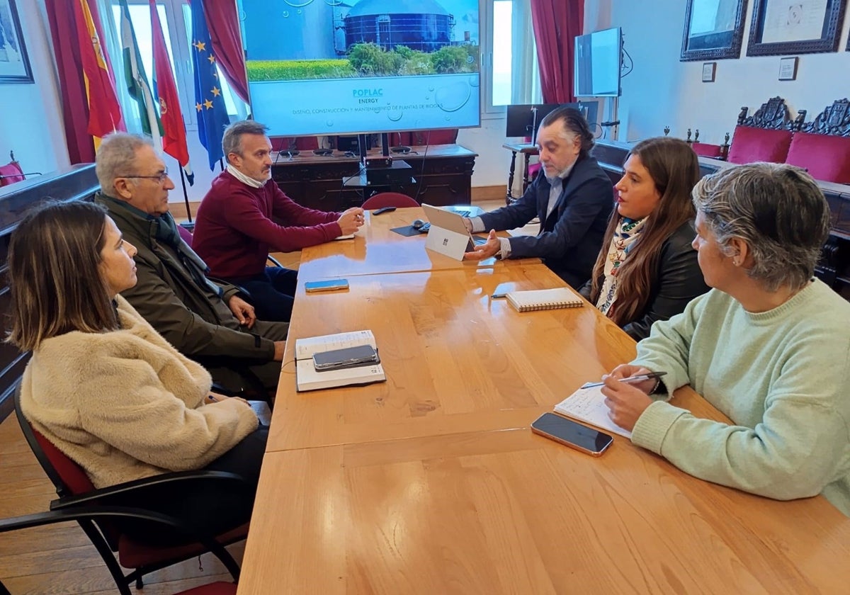 El alcalde de Tarifa y el primer teniente de alcalde, junto a representantes de Poplac para abordar soluciones al alga invasora.