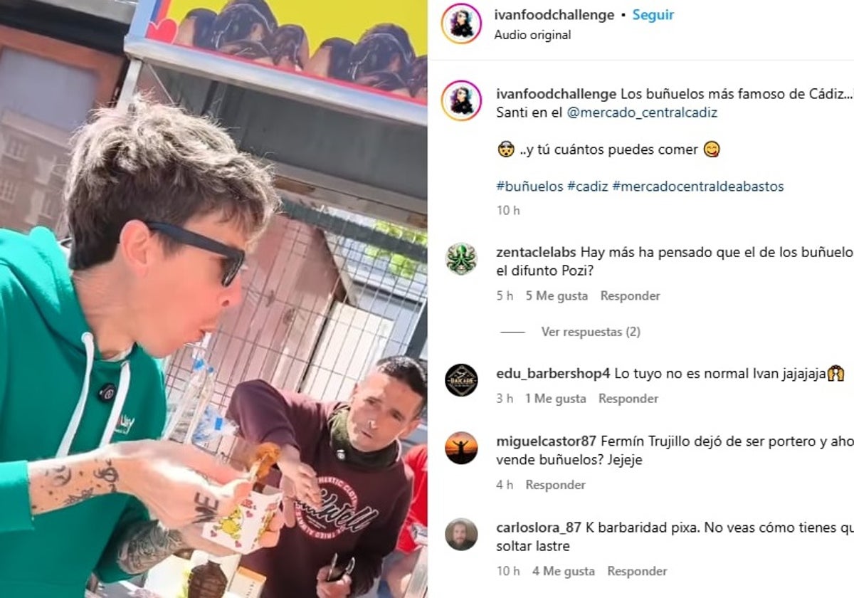 Comer 500 buñuelos: el reto de un youtuber en un puesto junto al Mercado Central de Abastos de Cádiz