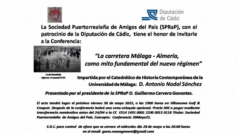 La Sociedad Puertorrealeña de Amigos del País organiza una conferencia sobre 'La carretera Málaga-Almería como mito del nuevo régimen'