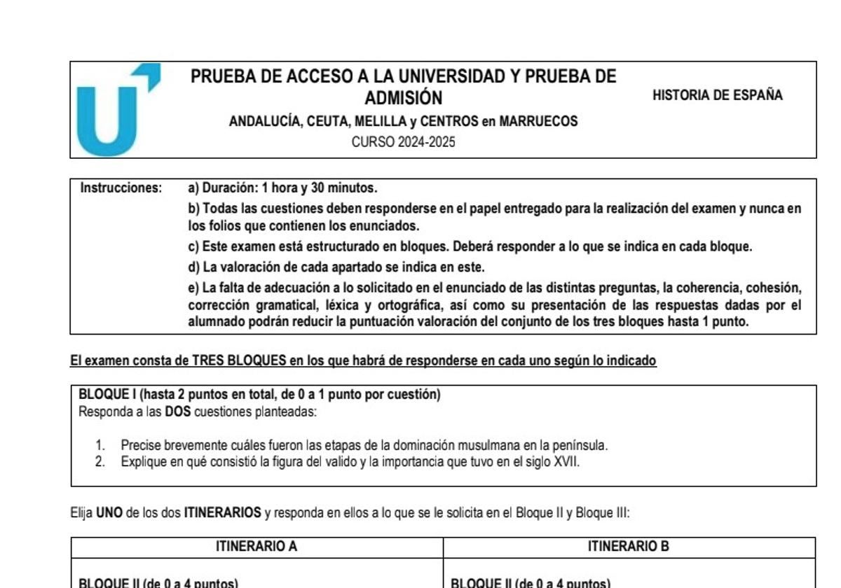 Imagen del examen de Historia de España