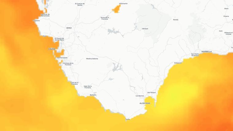 Imagen del mapa que indica la temperatura del agua en la provincia de Cádiz