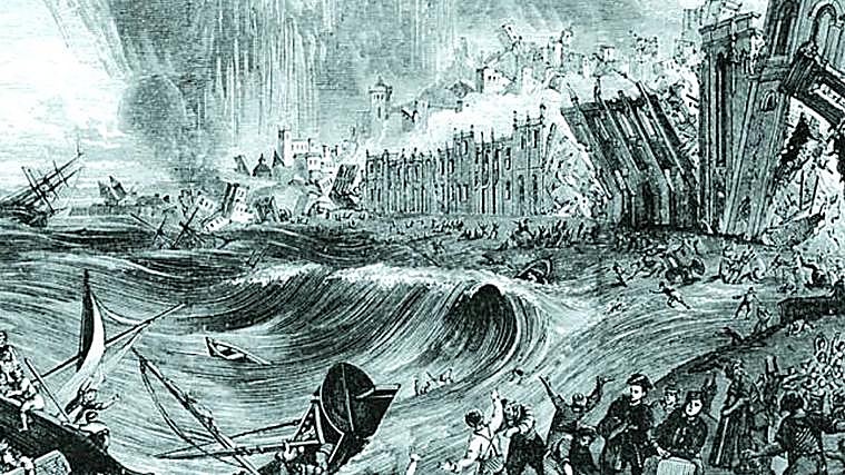 Grabado del siglo XVIII con el tsunami de Cádiz