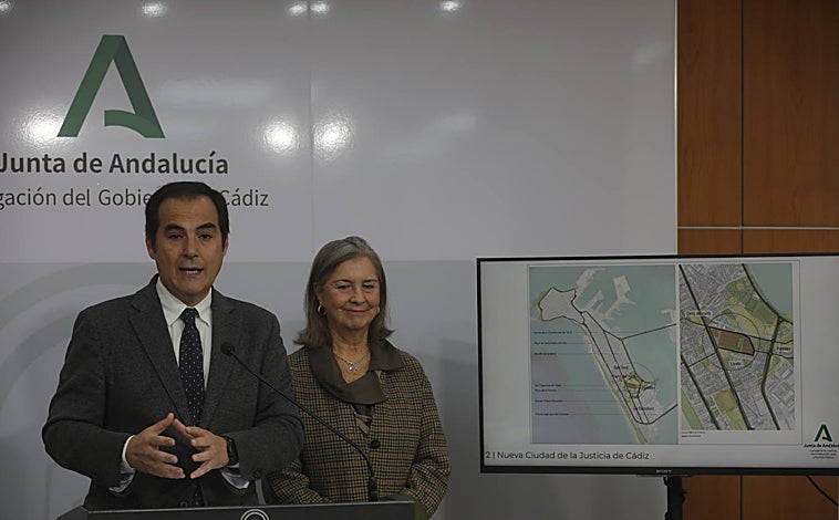 Imagen principal - El consejero de Justicia, José Antonio Nieto, explica los detalles de las obras de la Ciudad de la Justicia de Cádiz