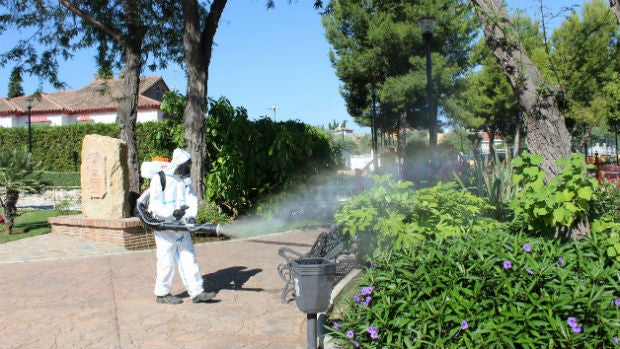 Un operario fumigando contra el mosquito tigre