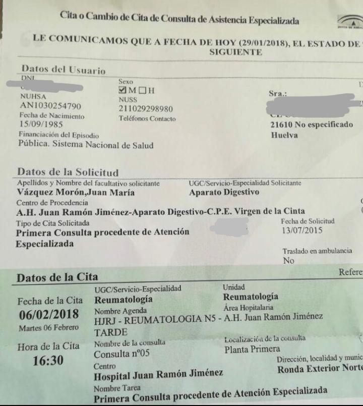 Copia de la cita médica recibida por la paciente