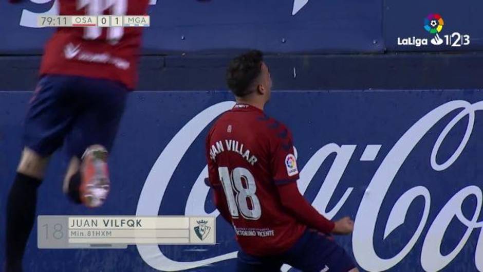 LaLiga 123 (J12): Gol de Juan Villar que pone el 1-1 el Osasuna-Málaga (2-1)