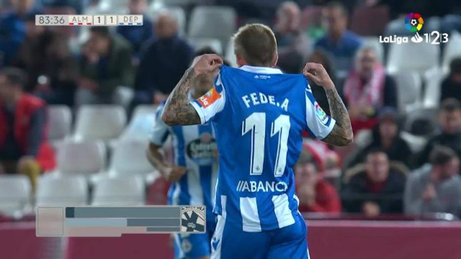 Gol de Fede Cartabia (1-1) en el UD Almería 1-1 Deportivo de la Coruña