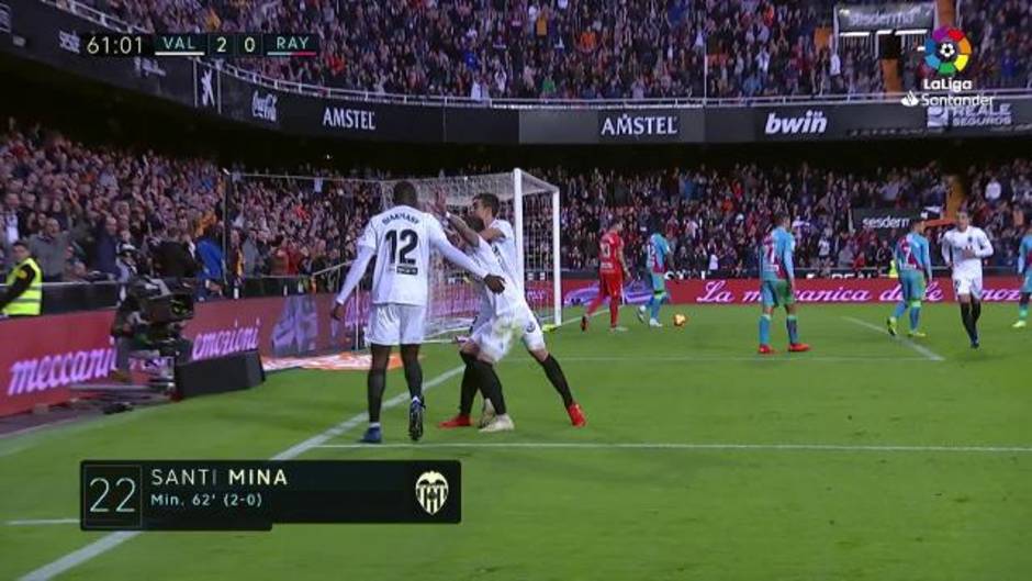 Gol de Santi Mina (2-0) en el Valencia 3- 0 Rayo Vallecano