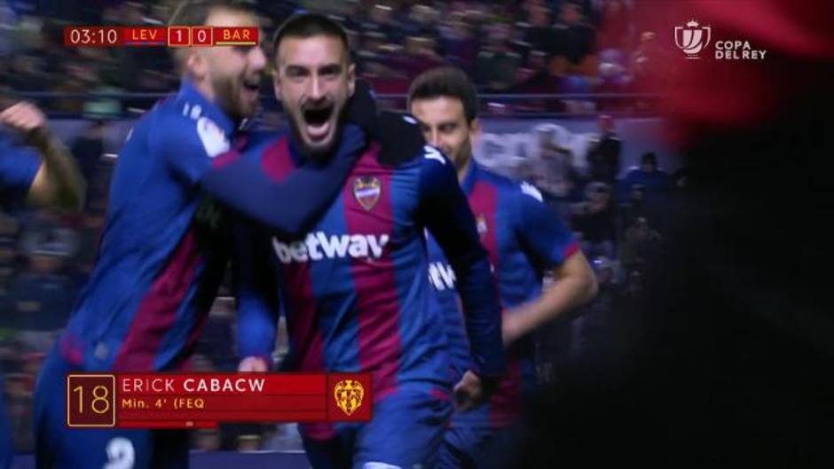 Gol de Erick Cabaco (1-0) en el Levante 2-1 Barcelona