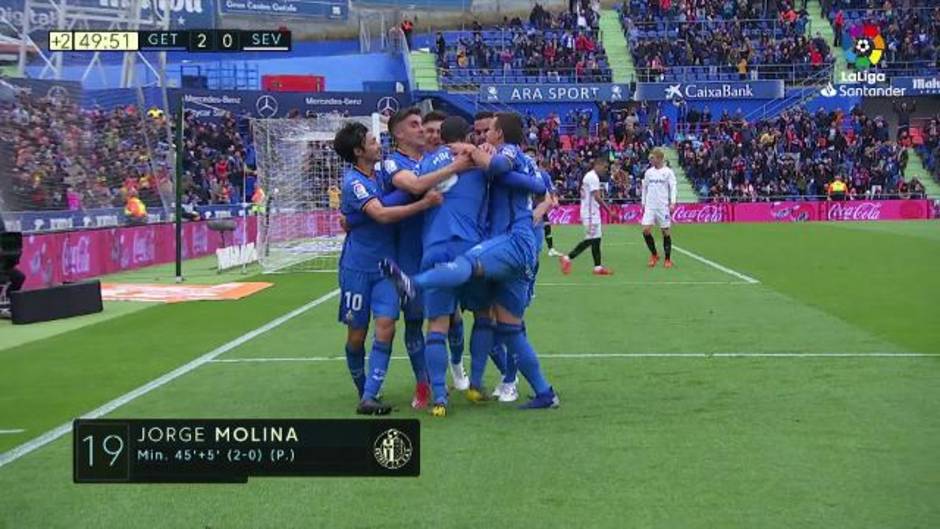Gol de penalti de Jorge Molina (2-0) en el Getafe 3-0 Sevilla