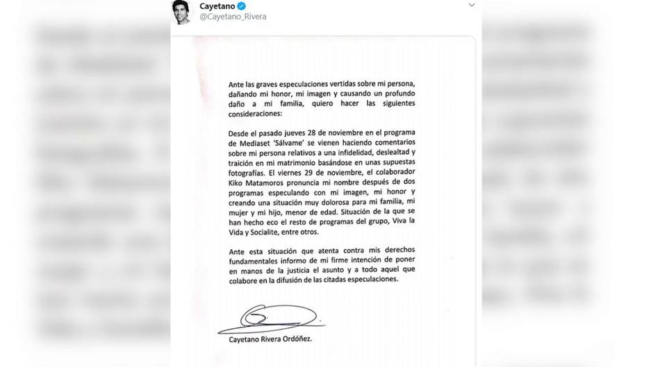 Cayetano Rivera demandará las insinuaciones de infelididad