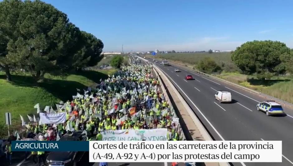 Cortes de tráfico en las carreteras de la provincia (A-49, A-92 y A-4) por las protestas del campo