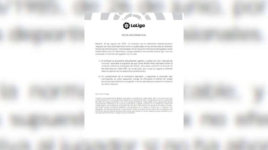 LaLiga se posiciona a favor del Barça y recalca que el contrato de Messi sigue "vigente"