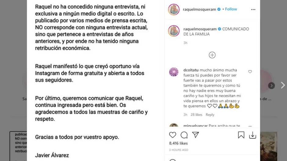 Última hora sobre el estado de salud de Raquel Mosquera