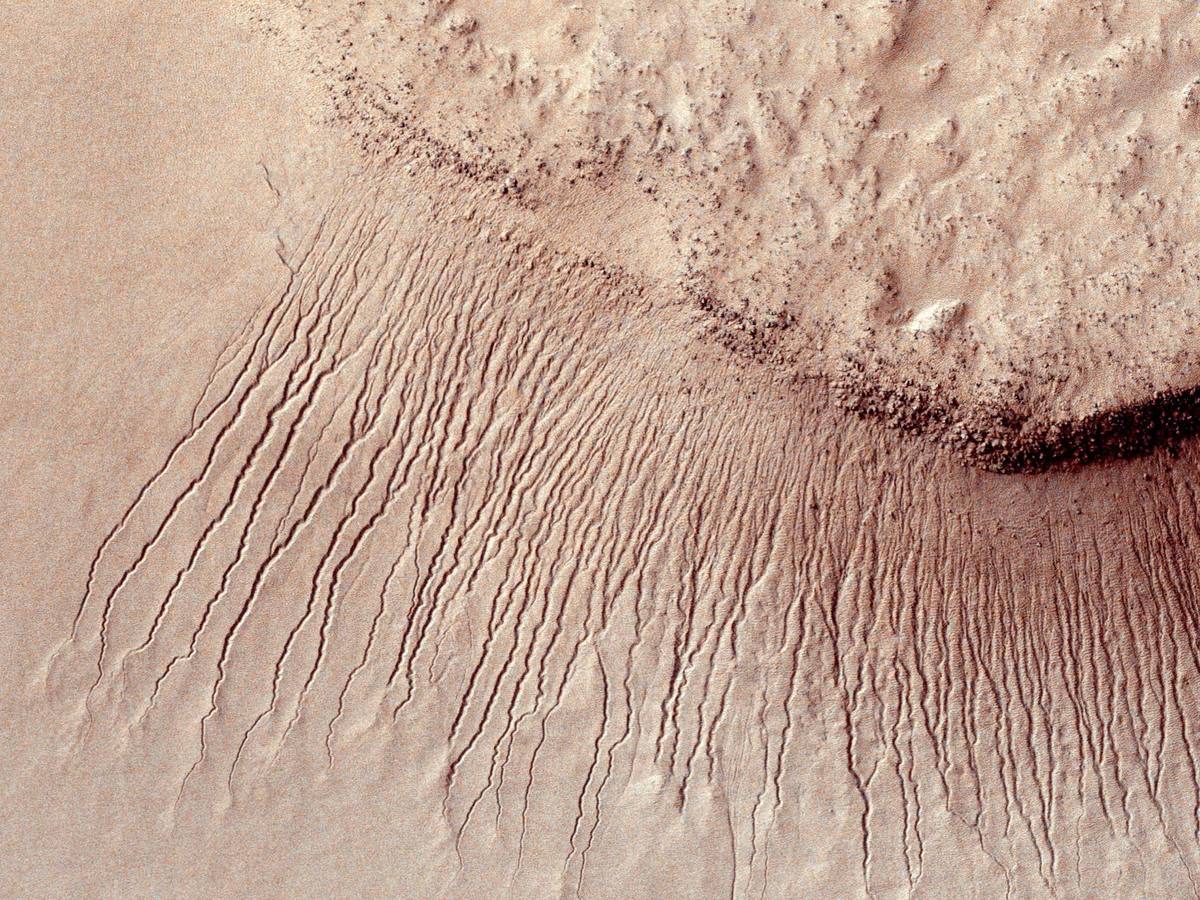 Superficie de Marte que muestra surcos de 1 a 10 metros de ancho en una escarpa de la cuenca de Hellas, en Marte. 