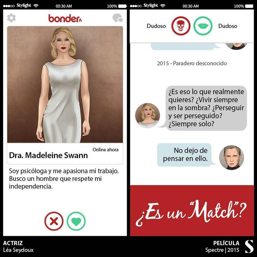 No sabemos mucho sobre la nueva chica Bond de «Spectre», que se estrena en España el 6 de noviembre. Se trata de una psicóloga y hará el papel de principal chica Bond en la película. Seguro que Bond y Swann tendrían mucho que decirse el uno al otro en Tinder... 