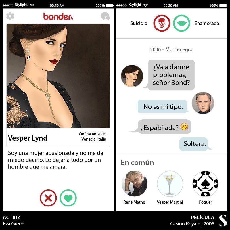 Bond y Vesper se enamoran en «Casino Royale», ¿y en Tinder? La chica Bond es capaz de entender al agente en la ficción, ¡seguro que habrían tenido rápidamente un match en la afamada red de citas!. 