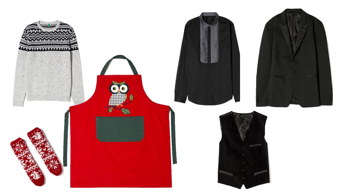 Para él tambien encontramos opciones confortables para el frío como el jersey de estampado geométrico y los calcetines con motivos navideños de Benetton o la opción más elegante y clásica de IKKS. Para los más cocinillas el delantal de úho de Benetton será una divertida sopresa. 