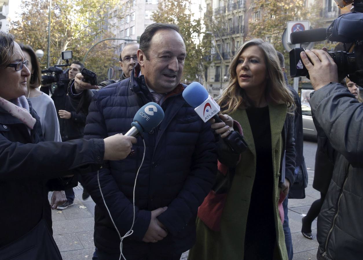 El presidente del PP de La Rioja, Pedro Sanz atiende a los medios de comunicación a su llegada a la reunión del Comité Ejecutivo Nacional del PP. 