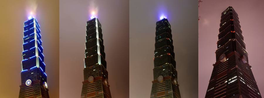 El edificio 101 de Taipei, en cuatro momentos distintos del día