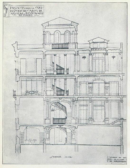 Sección del edificio del Casino en el proyecto de F. Trigo. Revista Arquitectura. 