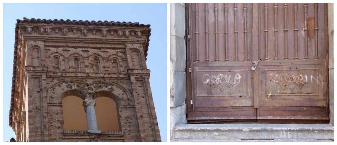 Impactos de metralla en el torreón y detalle de la puerta cerrada. 