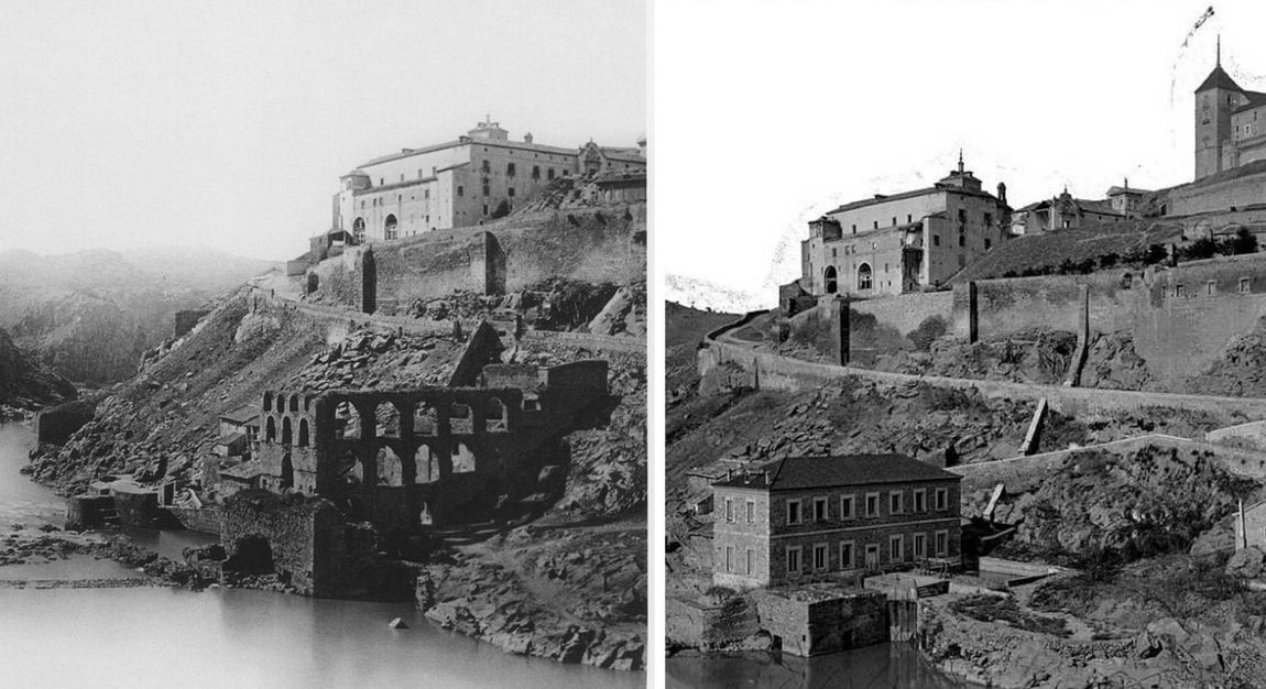 El Artificio antes de 1868 y la posterior Elevadora de 1870. Fotos de Ferrier (Col. Particular) y Laurent (Archivo Municipal de Toledo). 