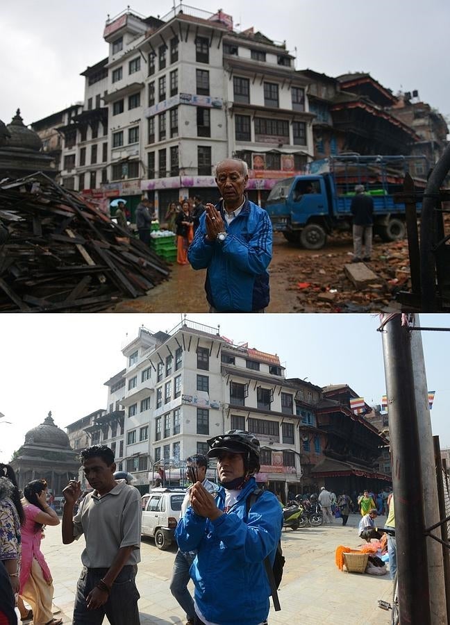 La ciudad de Katmandú los días posteriores al terremoto de Nepal y en la actualidad. 