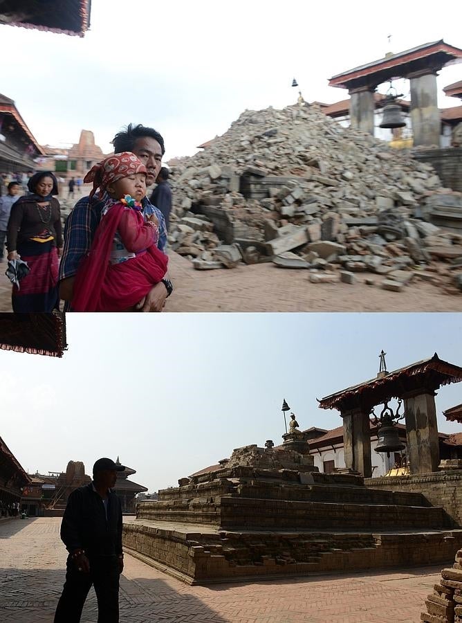 La ciudad de Bhaktapur los días posteriores al terremoto de Nepal y en la actualidad. 