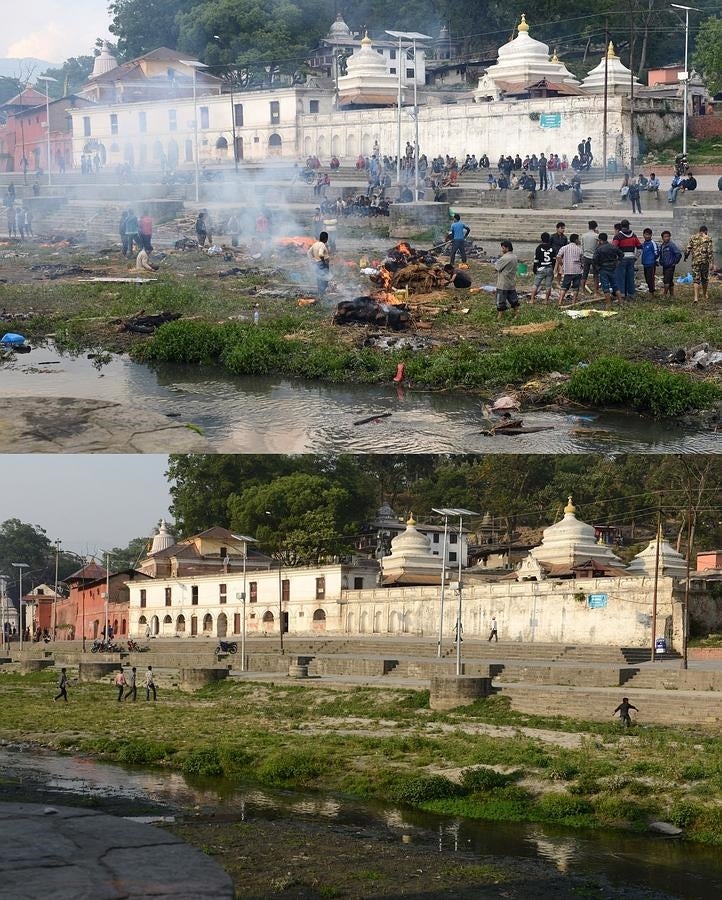 Fotografías del templo de Pashupatinath durante y después del terremoto de Nepal. 