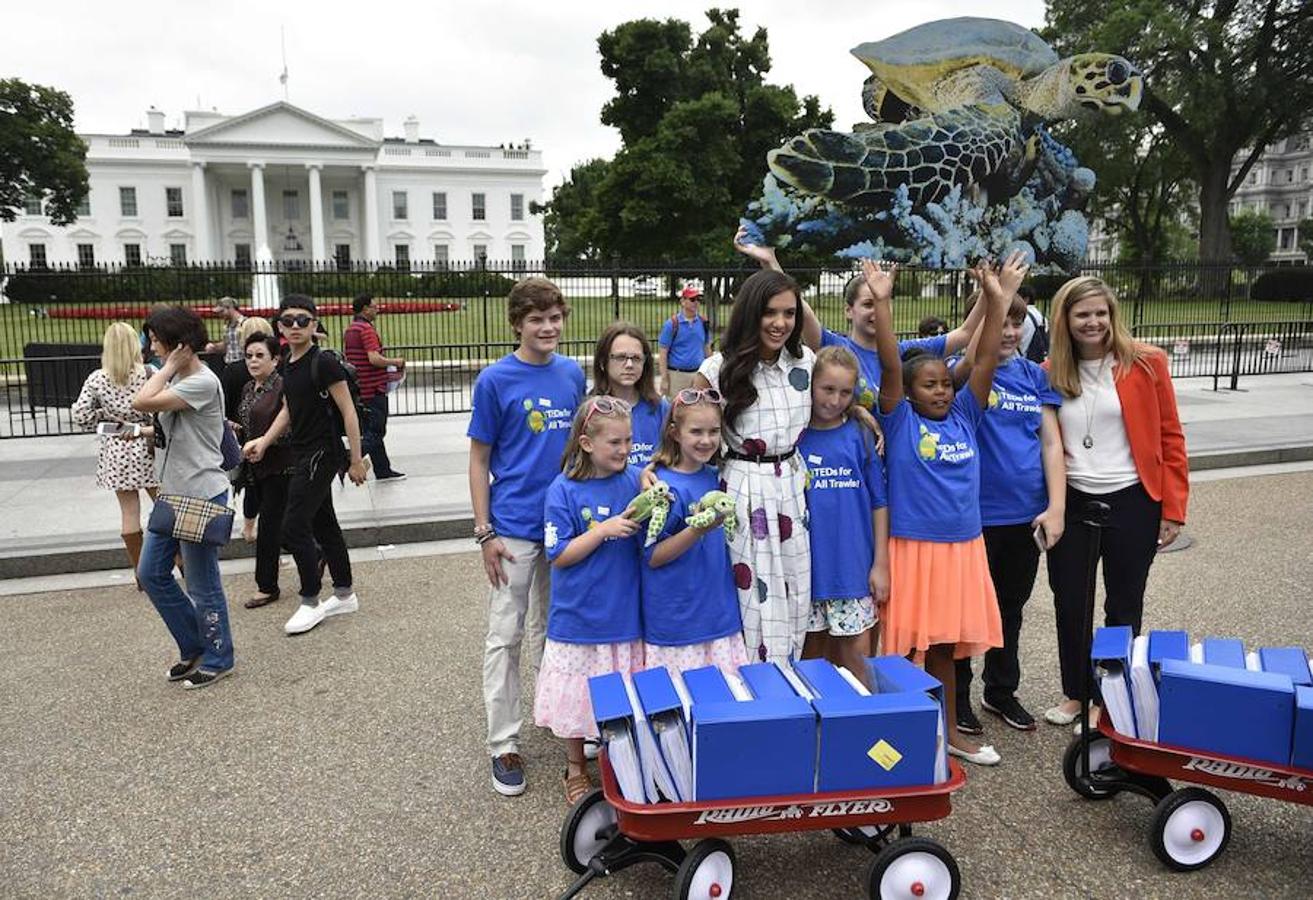 La actriz y activista Lilimar ha aprovechado la visita de Obama a Orlando para entregarle cartas que piden la protección de las tortugas marinas, en peligro de extinción. 