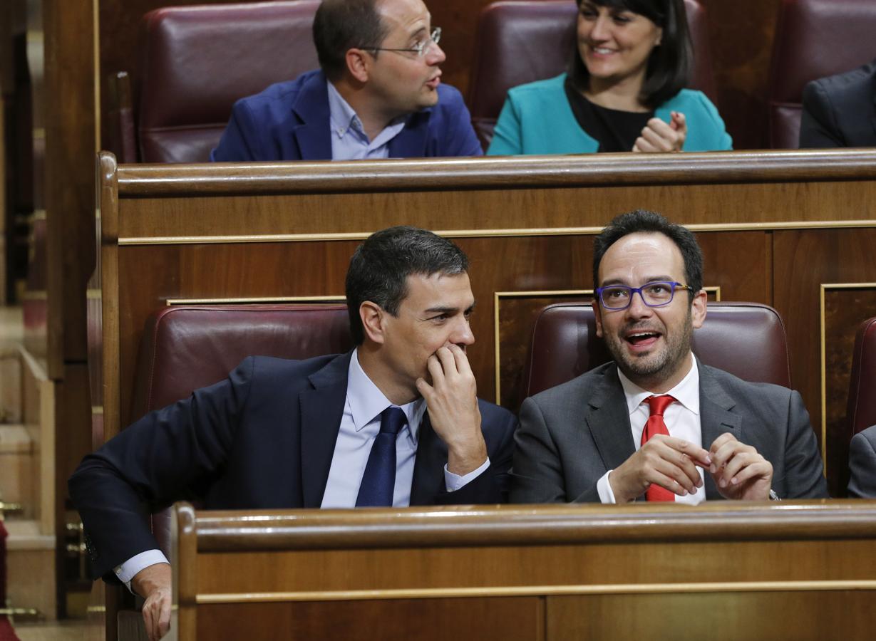 El secretario general del PSOE, Pedro Sánchez, junto al portavoz de los socialistas en el Congreso, Antonio Hernando