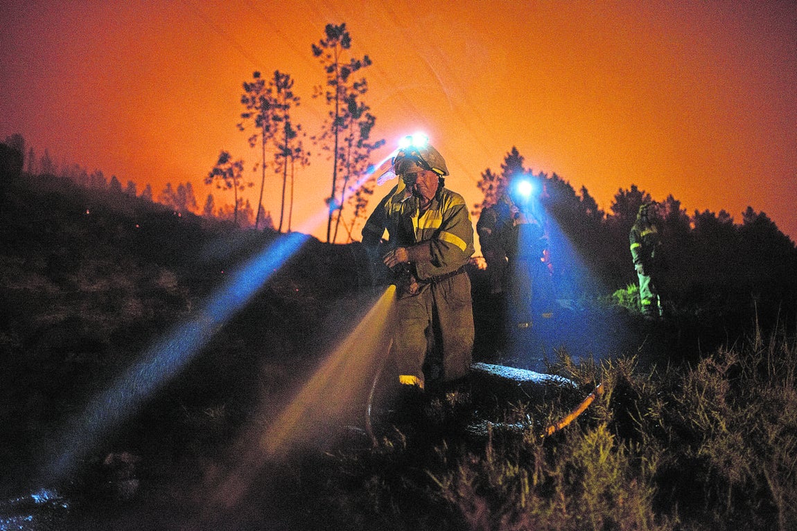Varios brigadistas realizan trabajos extinción en el incendio forestal declarado en la localidad orensana de Entrimo. 