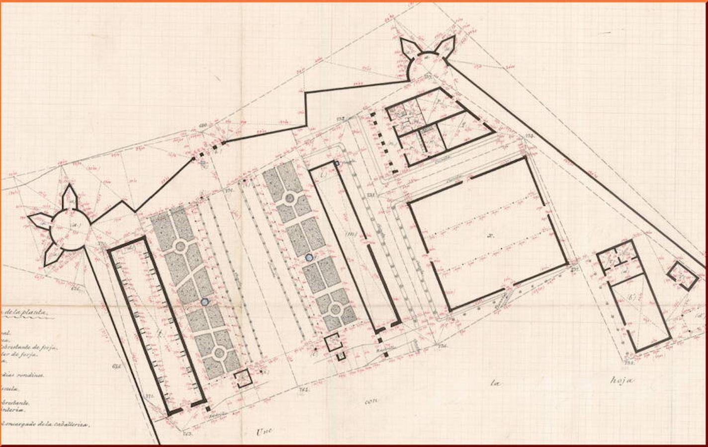 Detalle de las defensas delanteras en un plano del Instituto Geográfico y Estadístico (1881). 