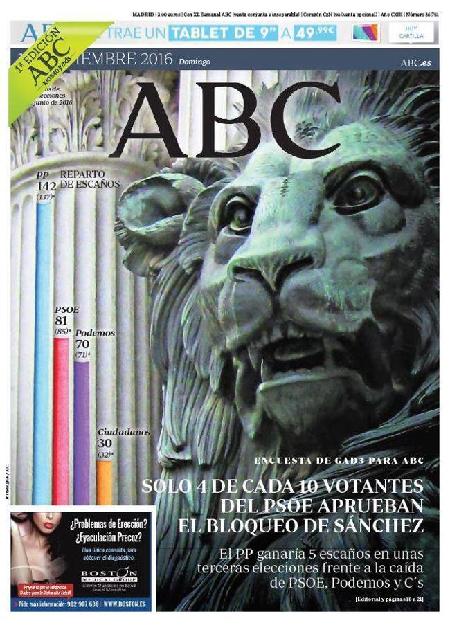 La sombra de unas terceras elecciones planeó durante meses en los periódicos y las tertulias. La tercera convocatoria electoral amenazaba además con celebrarse en plenas fiestas de Navidad. ABC - 11 de septiembre de 2016