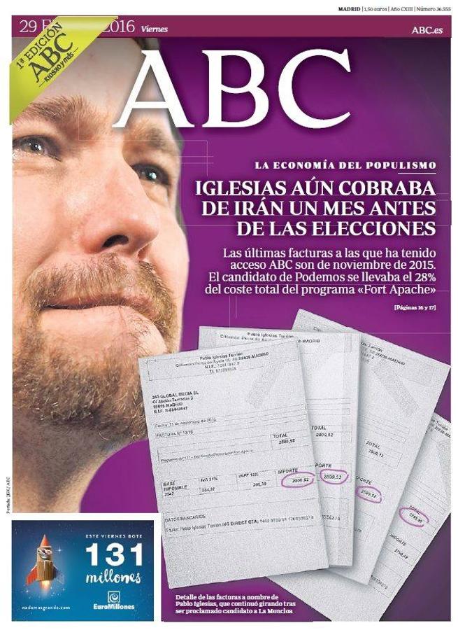 Según las facturas conseguidas por ABC demuestran que Pablo Iglesias pudo cobrar de Irán hasta un mes antes de las elecciones de diciembre de 2015. ABC - 29 de enero de 2016